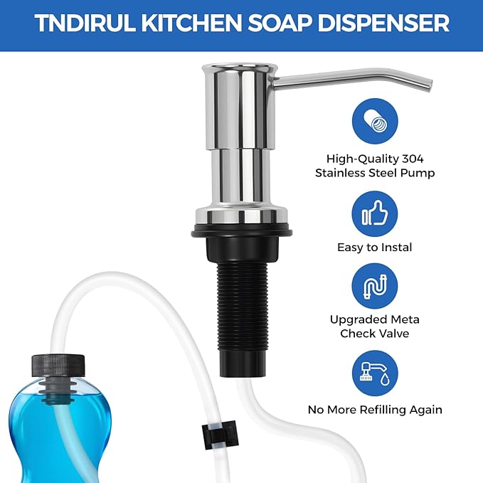 Soap Dispenser for Kitchen Sink, Chrome Built in Soap Dispensers, Stainless Steel Sink Soap Dispenser or Lotion Dispenser Pump with 47" Extension Tube Kit, Upgraded Metal Check Valve