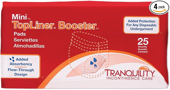 Tranquility TopLiner Disposable Booster Pads, Mini (10.5" x 2.75") Flow-Through Design with Adhesive Strip for Max Absorption, Adult Unisex 100ct Case