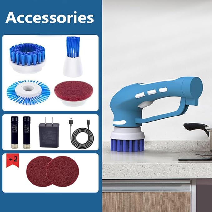 Cordless Power Scrubber for Cleaning Bathroom & Kitchen - Electric Handheld Scrub Brush with 6 Replaceable Heads, 360° Portable Washing Machine for Shower, Floor, Car, Sink, Wall, Window and Stove Top