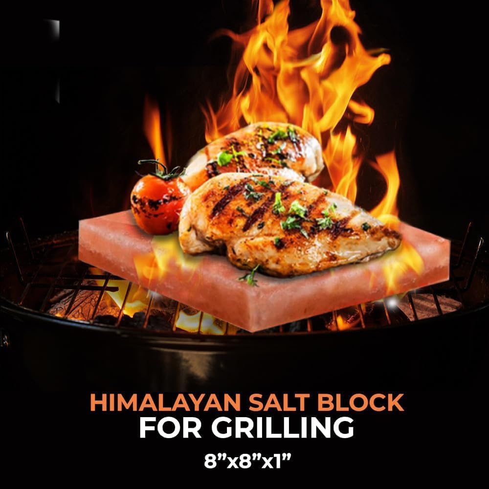 ZK Himalayan Salt Cooking Block 8x8x1” Plate with Steel Tray Holder- Food Grade Rock Salt for Grilling, Cutting, and Serving, Salt Slab a Unique Gift for Men, Women, Chefs & Cooks