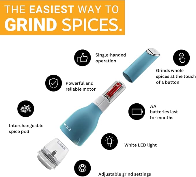 FinaMill Classic Battery Spice Mill – Battery Operated Salt and Pepper Grinder Set, Includes 2 Interchangeable Spice Pods, Adjustable Coarseness, Ceramic Grinder, LED Light, Kitchen Gifts for Women