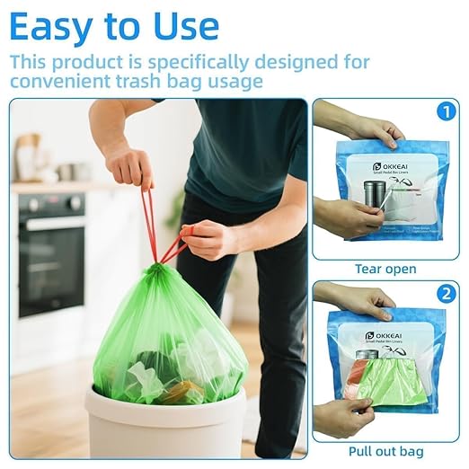 OKKEAI 2.6 Gallon Small Trash Bag, 60 Count Drawstring Green Heavy Duty Trash Bags, Tear-Resistant & Leakproof, Mini Wastebasket Liners for Bathroom, Office, Dorms