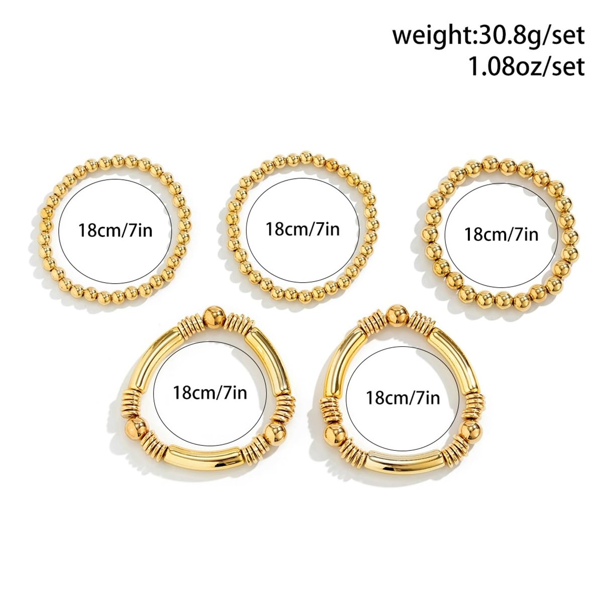LXSSLY 5Pcs Silver Bangles Bracelets Set for Women,14K Gold Plated Stackable Bead Ball Bracelets Set,Adjustable Bead Bracelets,Boho Stretch Bead Ball Bracelet for Women