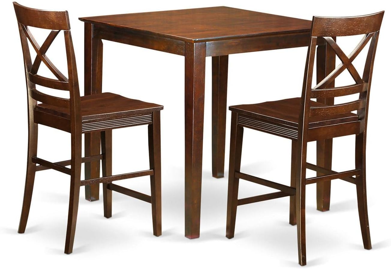 East West Furniture VNQU3-MAH-W 3 Piece Counter Height Pub Set for Small Spaces Contains a Square Dining Room Table and 2 Kitchen Chairs, 36x36 Inch, Mahogany