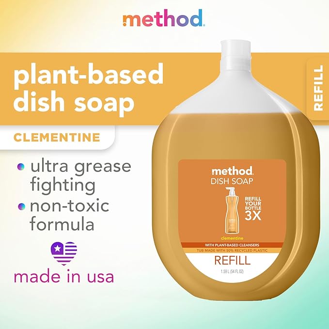 Method Gel Dish Soap Refill, Clementine Scent, Powerful Cleaning Formula, Large Refill Tub, Biodegradable Formula, Cuts Through Grease, 54 Fl Oz (Pack of 3)