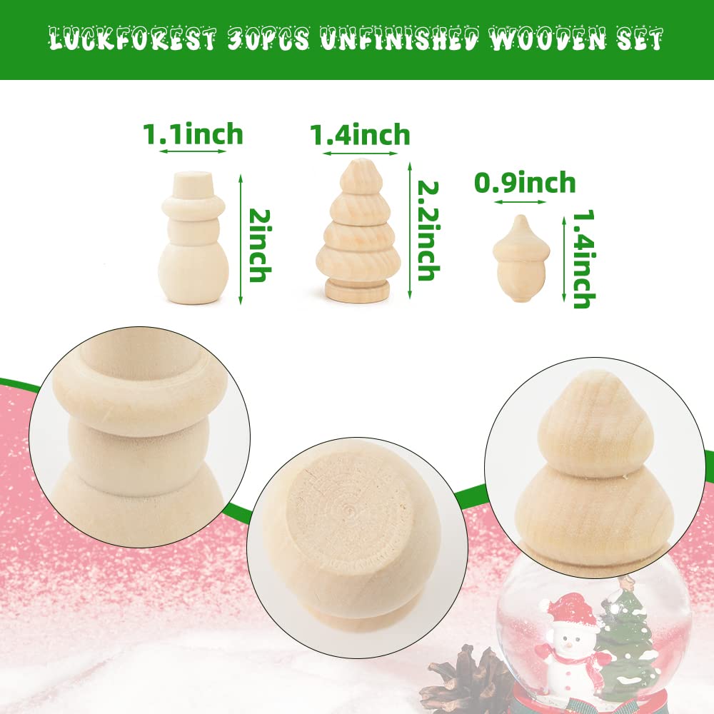 Luckforest 30Pcs Unfinished Wooden Set, Snowman Dolls Craft Christmas Tree Acorns Blank DIY Wooden Natural Wooden Xmas Tree for Crafts Arts Drawing Christmas Decor