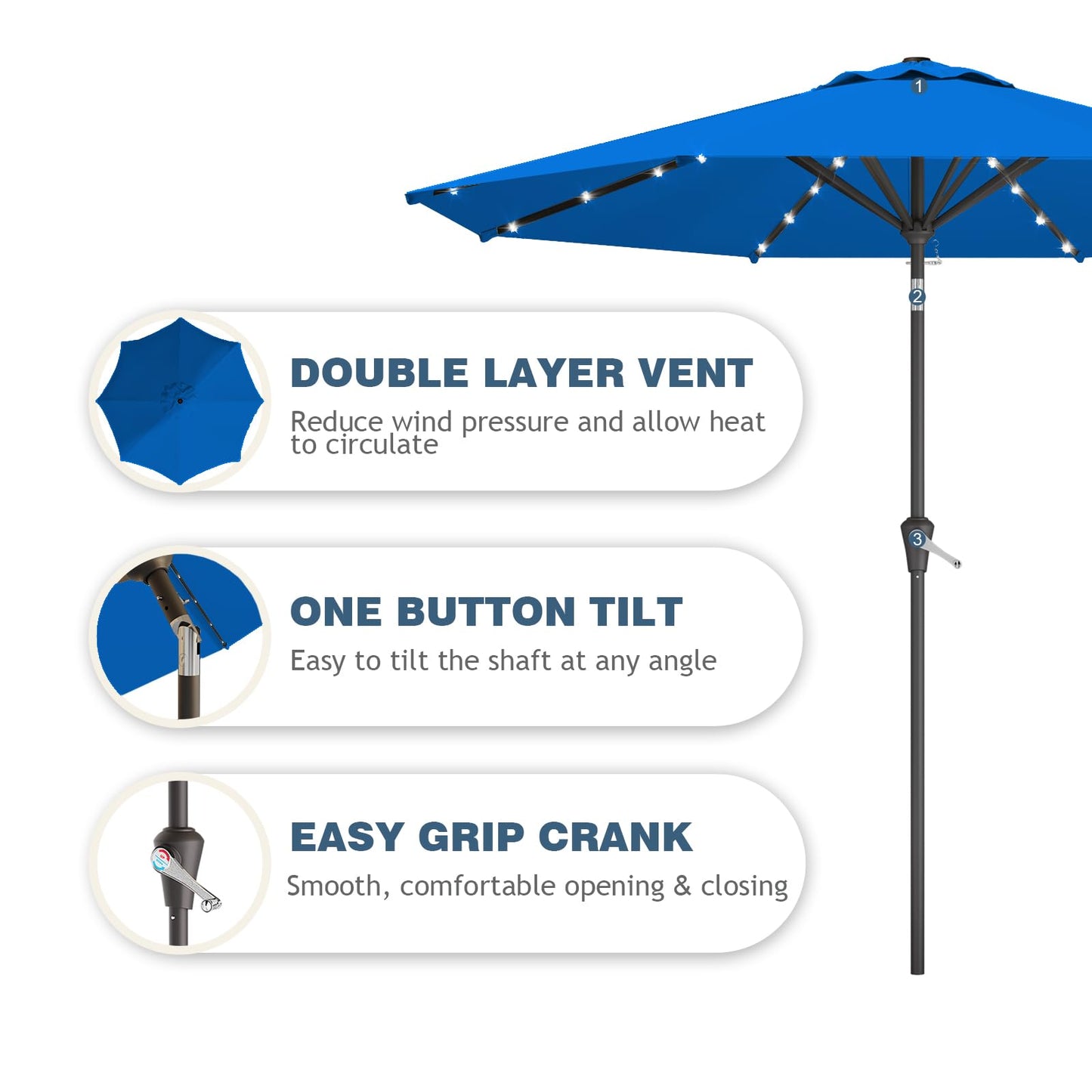 Tobeos 9FT Patio Umbrella with Solar Lights,Outdoor Market Umbrella with Tilt and Crank, LED Lighted Table Umbrella for Garden,Deck,Backyard,Pool,Beach (Royal blue)