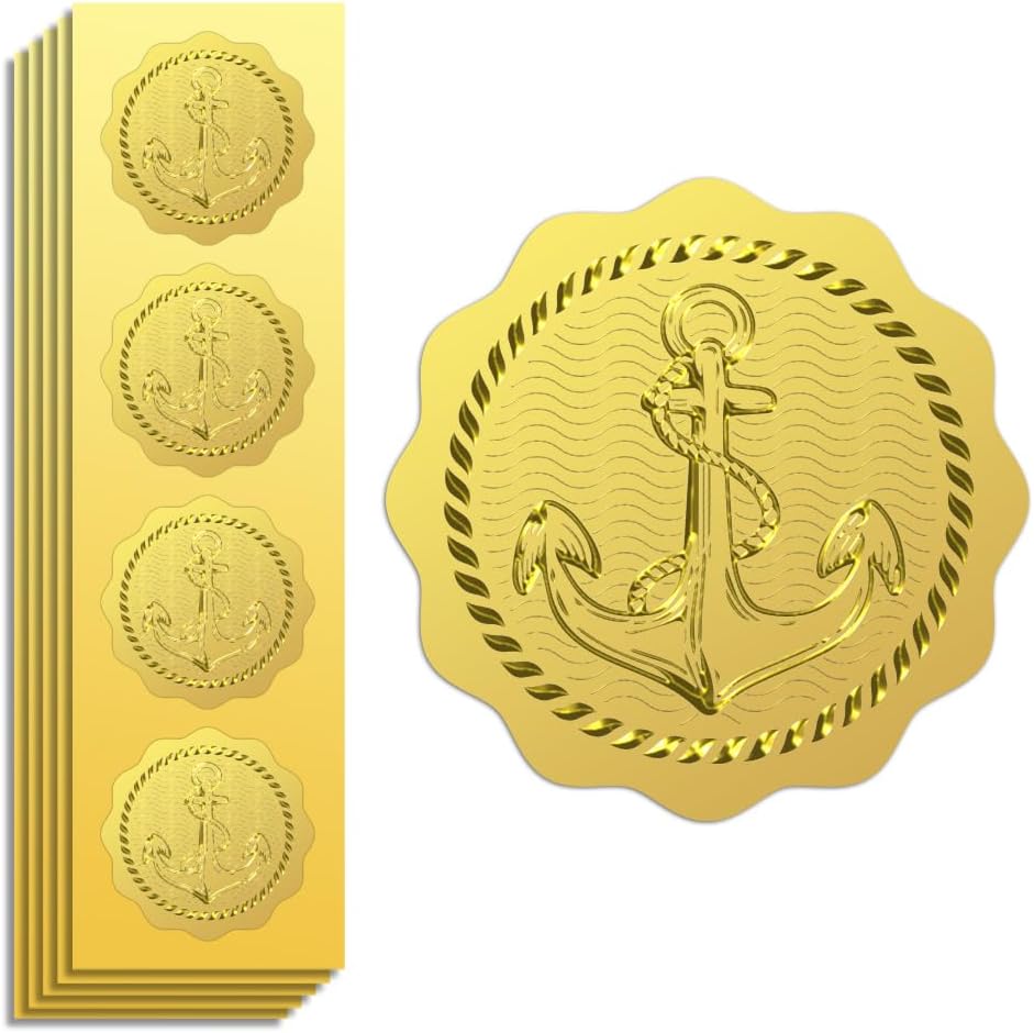 Peacoblue Gold Foil Stickers Seals Embossed 2 Inch 100Pcs Anchor, Self Adhesive Gold Embossing Stickers for Envelope Seals, Gift Card and Present Decoration