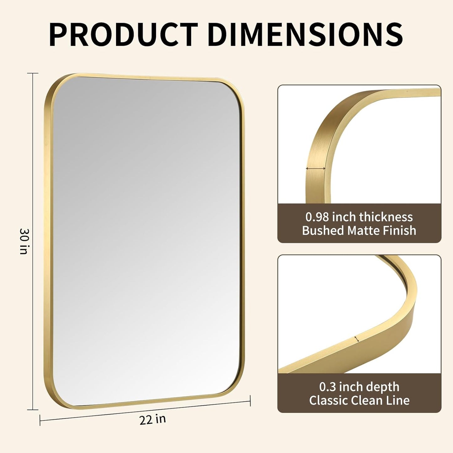 Gold Bathroom Mirror, 22x30 Inch Aluminum Frame Rectangle Mirror, Anti-Rust, Tempered Glass, Wall Mirror for Over Sink, Vanity, Bedroom, Entryway, Horizontal/Vertical