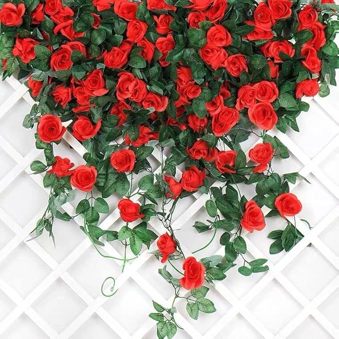 50FT Artificial Flowers Garlands Red 6PCS Silk Rose Hanging Vine with Green Leaves for Wedding Arch Party Christmas Home Decoration Flowers Arrangement
