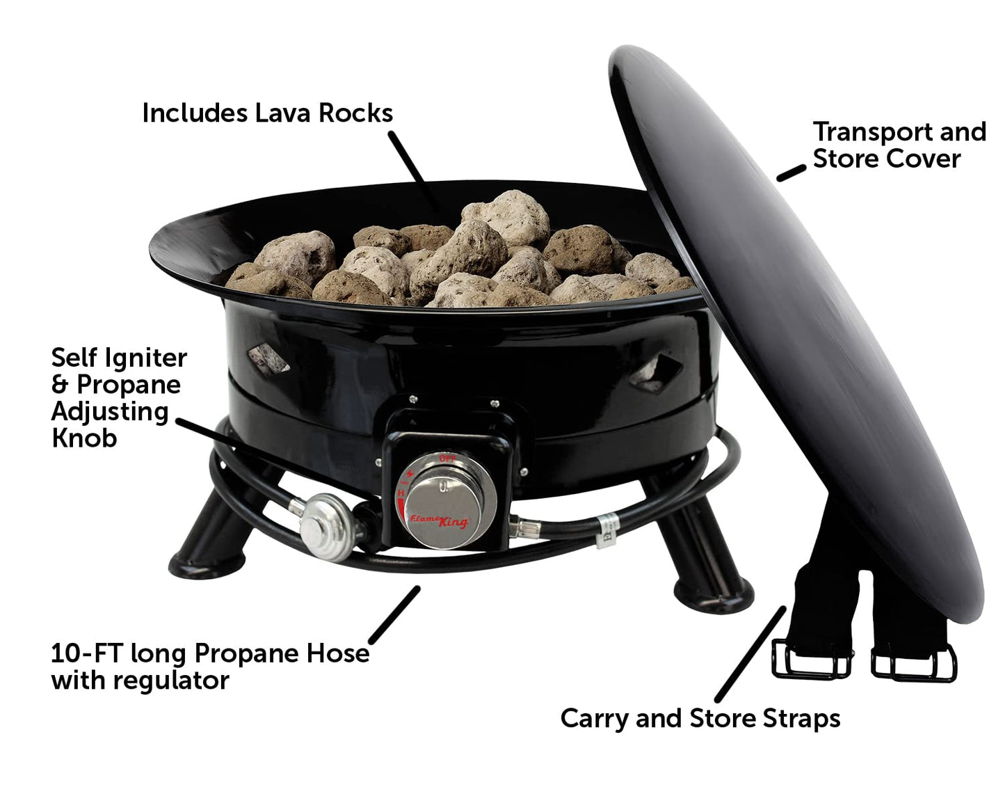 Flame King Smokeless Portable Propane Fire Pit Bowl, 24 inches, 58K BTU with Propane Grip Scale, Self Igniter, Cover, & Carry Straps for RV, Camping, & Outdoor Living
