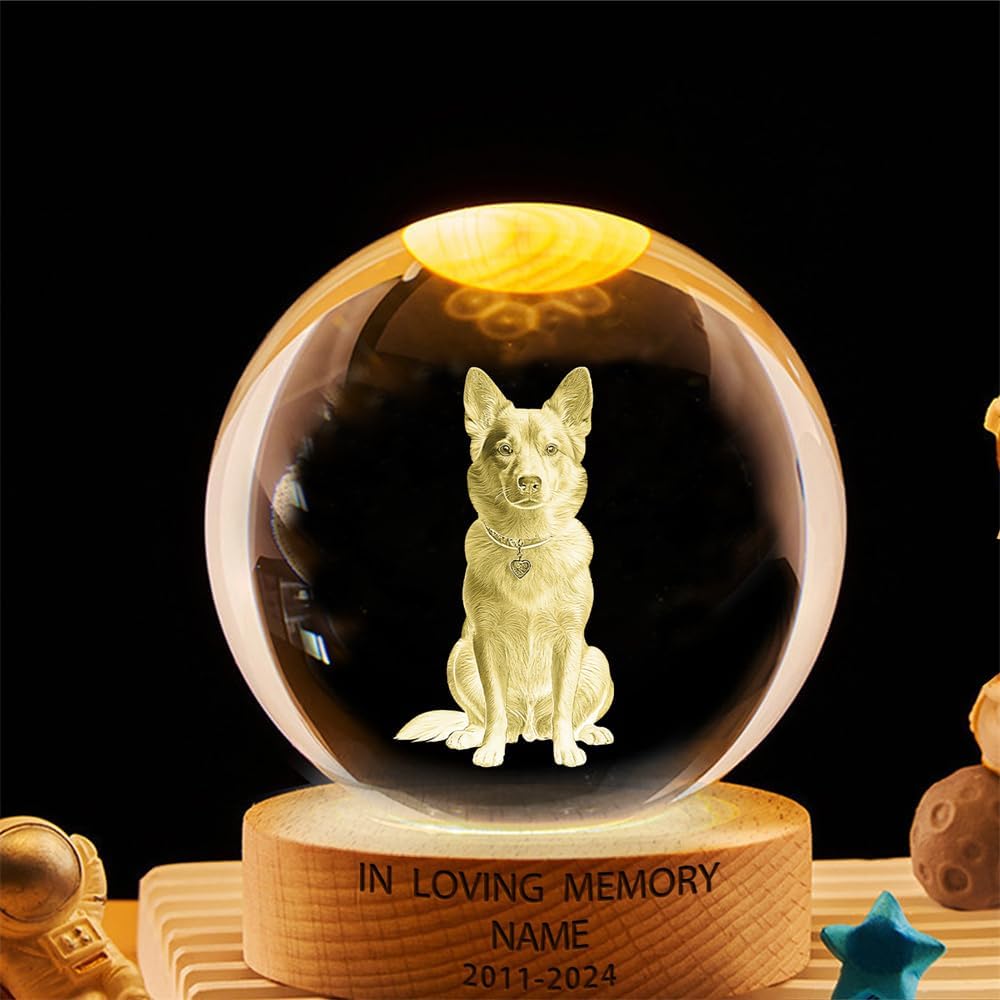 Personalized Cat Dog Pet photo Memorial Crystal Globe Night Light Gift for Women, Custom photo Picture Dog Pet 3D Memorial Crystal Ball Lamp for Bedroom Room Decor,Sympathy Gift of Remembrance