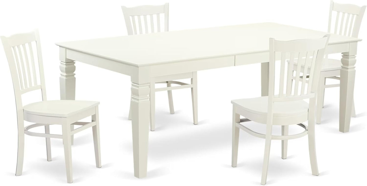 East West Furniture LGGR5-LWH-W 5 Piece Dining Room Table Set Includes a Rectangle Wooden Table with Butterfly Leaf and 4 Kitchen Dining Chairs, 42x84 Inch, Linen White