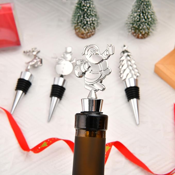 4 Pack Christmas Wine Stoppers, Alloy Wine Bottle Stoppers for Xmas Decoration, Bottle Stopper for Keeping Wine Fresh, Wine Accessories Gift for Hostess - Wine Bottle Corkers