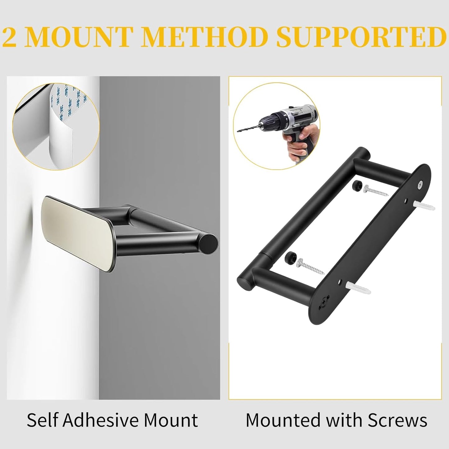 BESy Adhesive or Screw Toilet Paper Holder Wall Mount Rustproof Modern Roll Holder Flexible Pivoting Adjustable Tissue Handle with Self Adhesive or Mounted with Screws Stainless Steel Matte Black