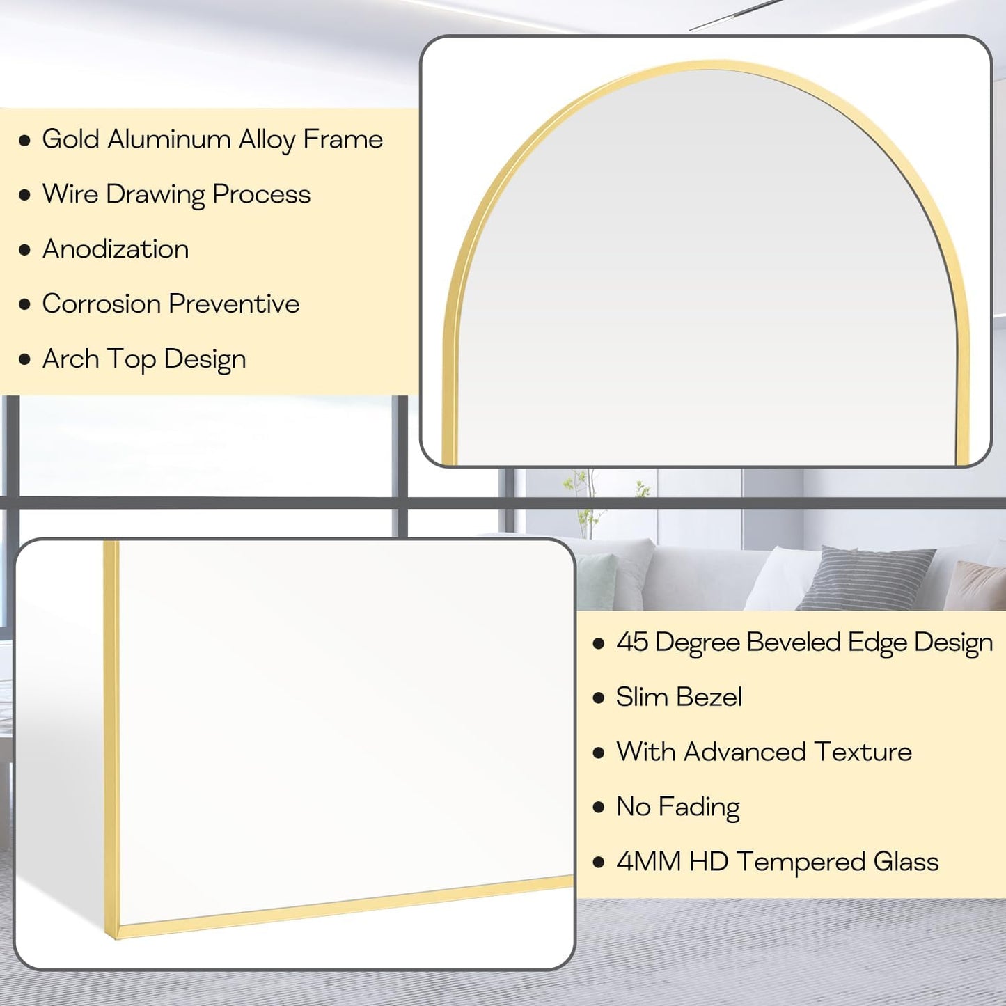 28" x 36" Gold Arched mirror, Large Arch Bathroom Vanity Wall Mirror, Modern Aluminum Alloy Metal Frame Arch Mirror for Bathroom, Living Room, Bedroom, Entryway, Tempered Glass, Shatter Proof