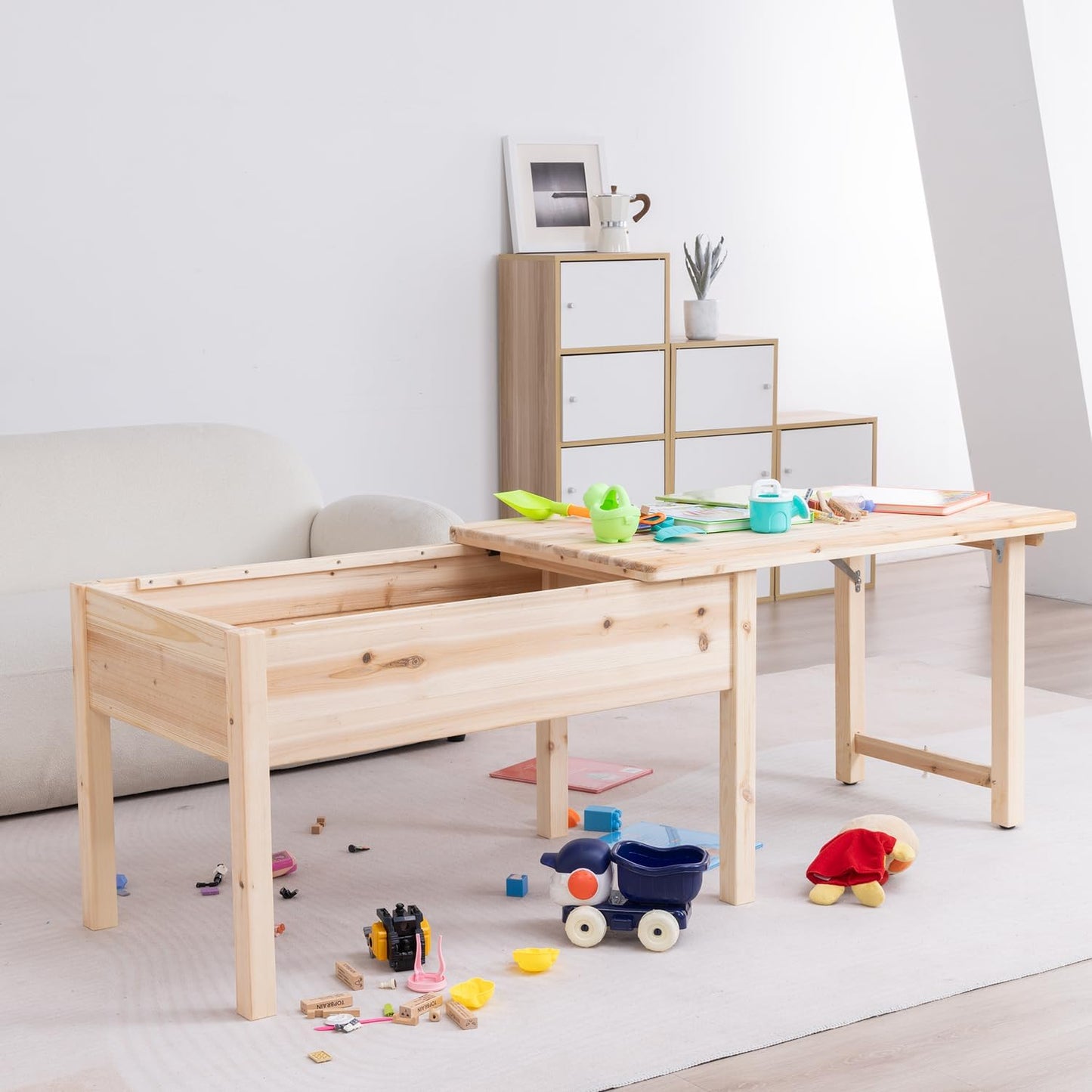 BIRASIL Wooden Kids Table with Storage, Sensory Tables with Folding Lid for Children, Elevated Activity Play Table for Indoor Outdoor, Natural Wood