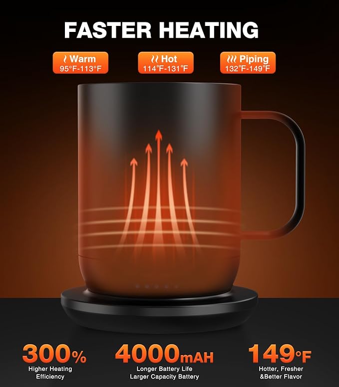 Kepwam Self Heating Coffee Mug T1-16oz Fast Heating & Ultra Long-Lasting Battery Life, Heated Coffee Mug Up to 149℉ - Touch & App Controlled Coffee Mug, Birthday Gifts for Women and Men
