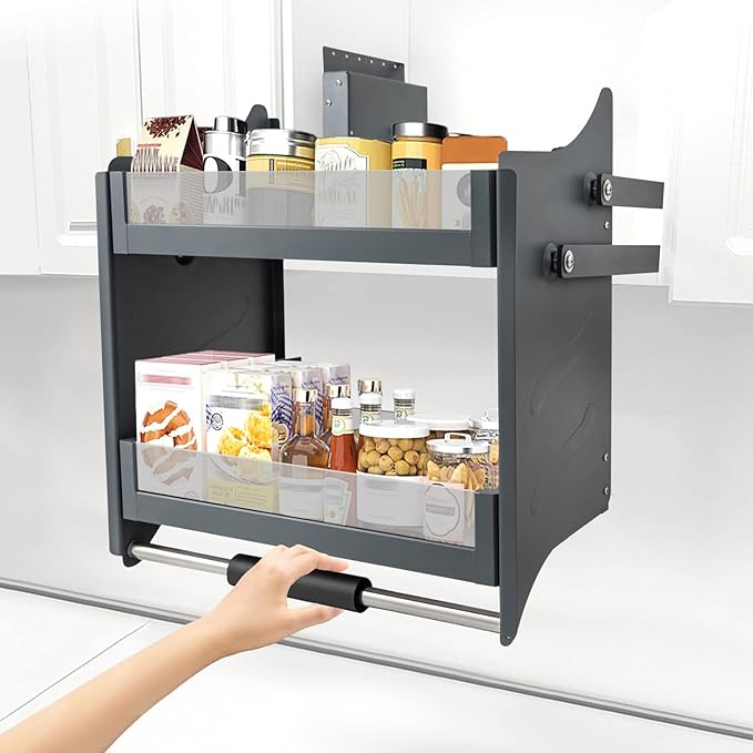 Pull Down Shelf Organizer,Upper Kitchen Wall Cabinet Storage with 3 Adjustable Load,Spice Rack Organizer(24inch Cabinet),Dual Tier Wall Mounted Pantry Storage