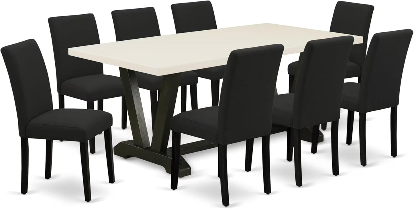 East West Furniture V627AB624-9 9 Piece Dining Table Set Includes a Rectangle Dining Room Table with V-Legs and 8 Black Color Linen Fabric Parsons Chairs, 40x72 Inch, Multi-Color