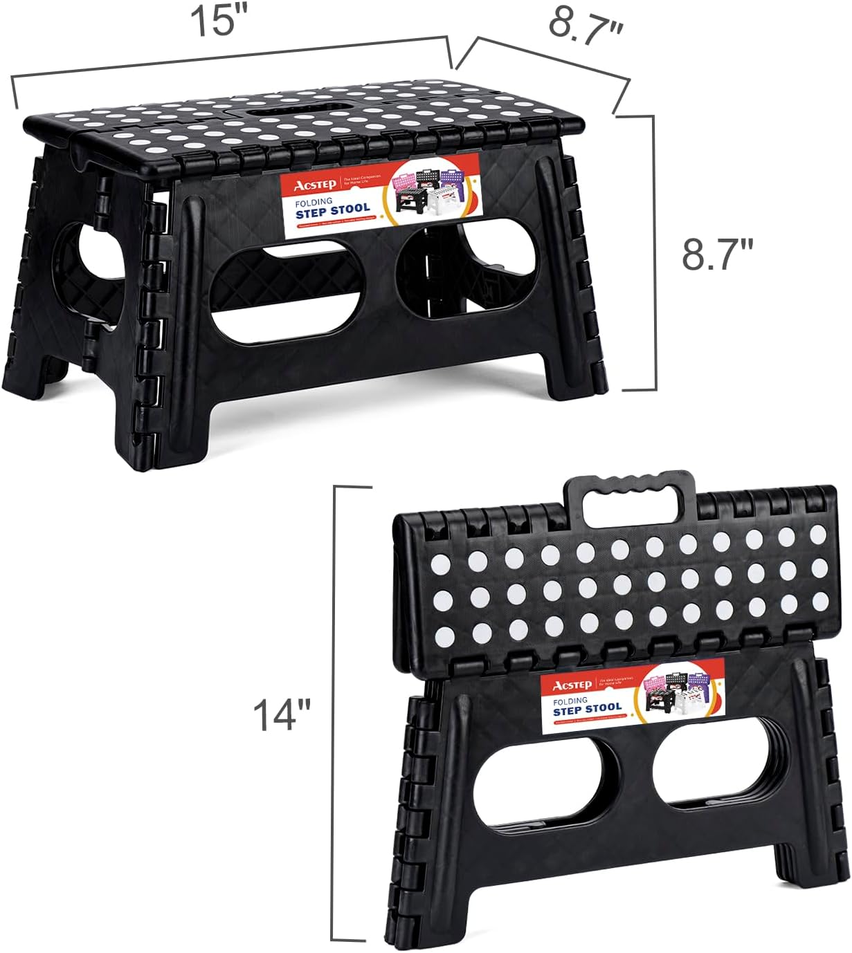 ACSTEP Foldable Step Stool for Kids and Adults,15-Inch Extra Wide 9-Inch Height Step Stool(2 Pack) More Safe and Comfortable Holds Up to 300 lbs Folding Step Stool for Bathroom, Garden, Kitchen（Black）