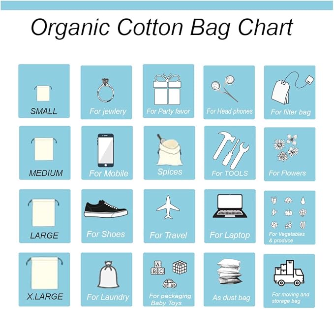 6x8 inches Natural Cotton Double Drawstring Reusable Produce Muslin Bags – Multipurpose Drawstring Storage Pouch for Everyday Use (Pack of 25)