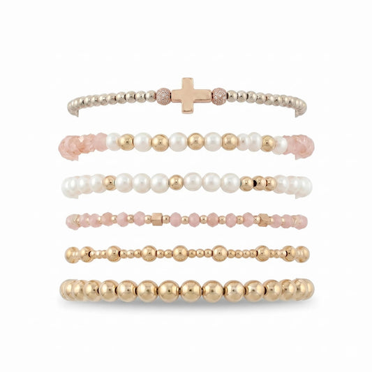 NoctisNest 6 Pcs Layered Cross Bracelet for Women, Pink Gold Stackable Pearl Beaded Bracelets for Her Mom Girlfriend, Dainty 14K Gold Plated Bracelet Set for Mothers Day Gifts