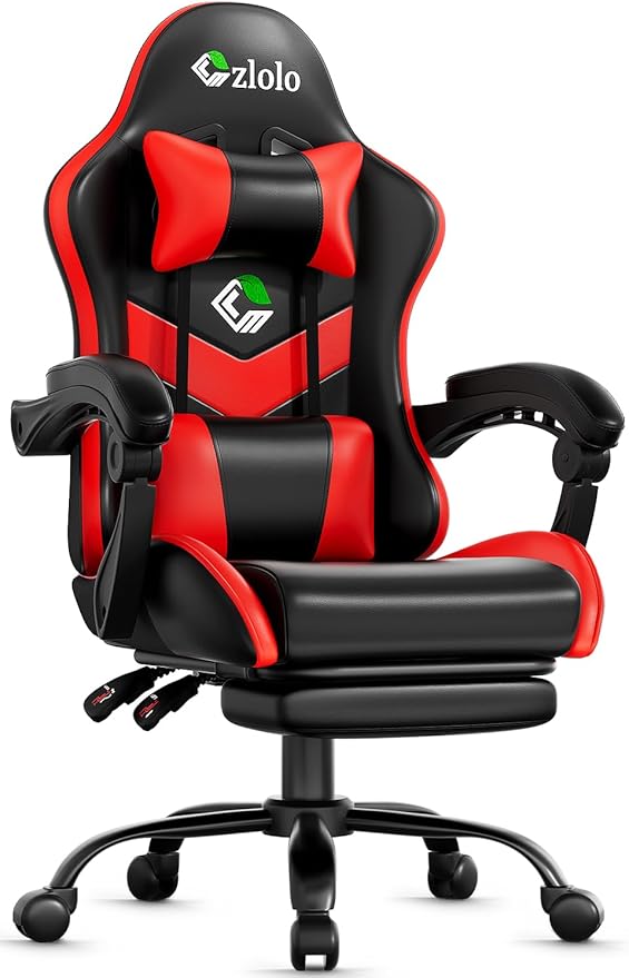 Gaming Chair with Footrest Racing Style Lumbar Support Massager Video Game Chair with Metal Legs, High Back Gamer Chair with Headrest, 360° Swivel Office Computer Desk Chair, Bright Red
