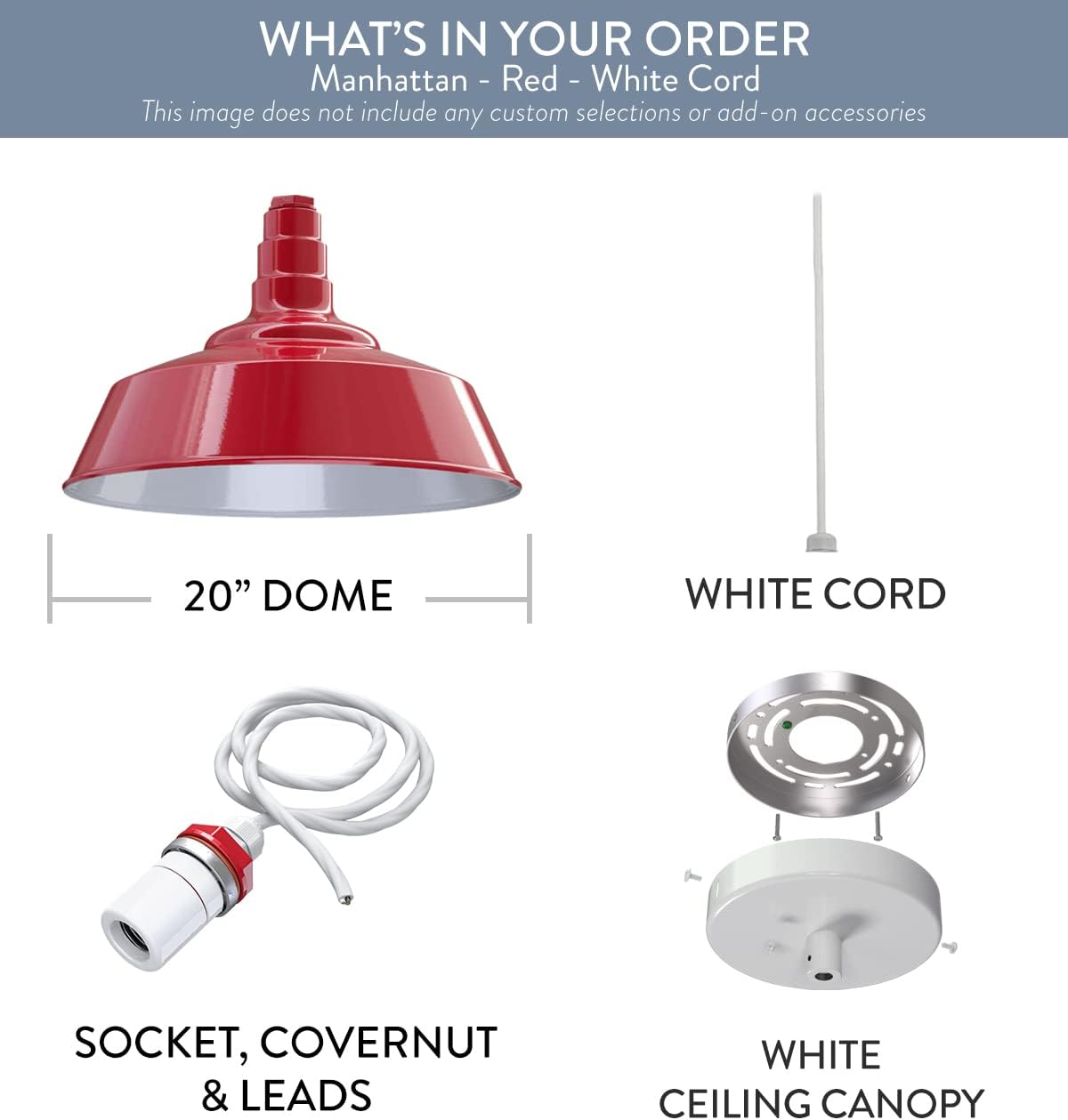 Steel Lighting Co. Manhattan Warehouse Light | Ceiling Mounted Pendant | 20 inch Dome | White Cord | Large Steel Barn Light Made in America | Red Exterior/White Interior