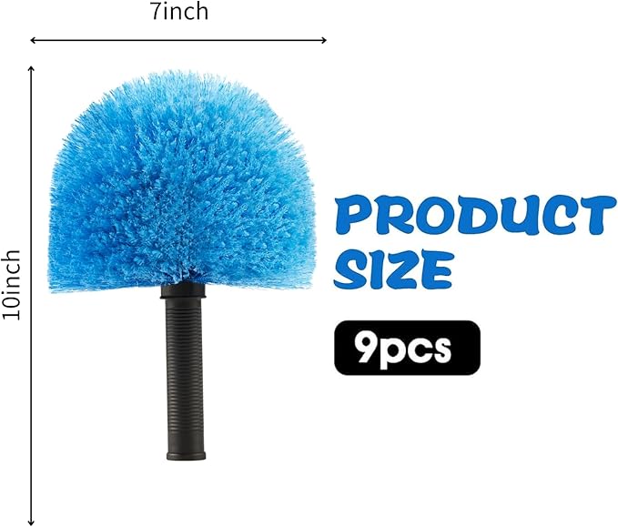 9pcs Twist-on Webster Cobweb Duster Head Brush | Spider Web Remover Brush | Cobweb Duster Head Attachment for Outdoor & Indoor Cleaning | Fits Standard 3/4 inch Threaded Poles (Blue)