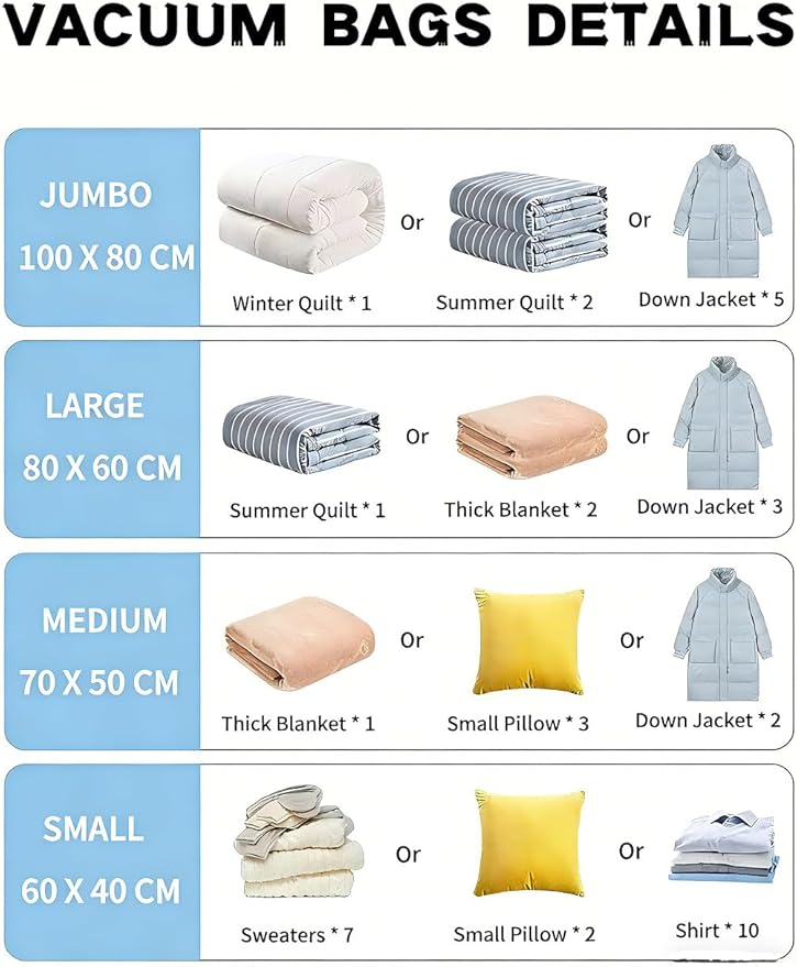 Vacuum Storage Bags for Travel and Home,Space Saver Bags for Clothes,(with Hand Pump, Large, 8-Pack 50 * 70)