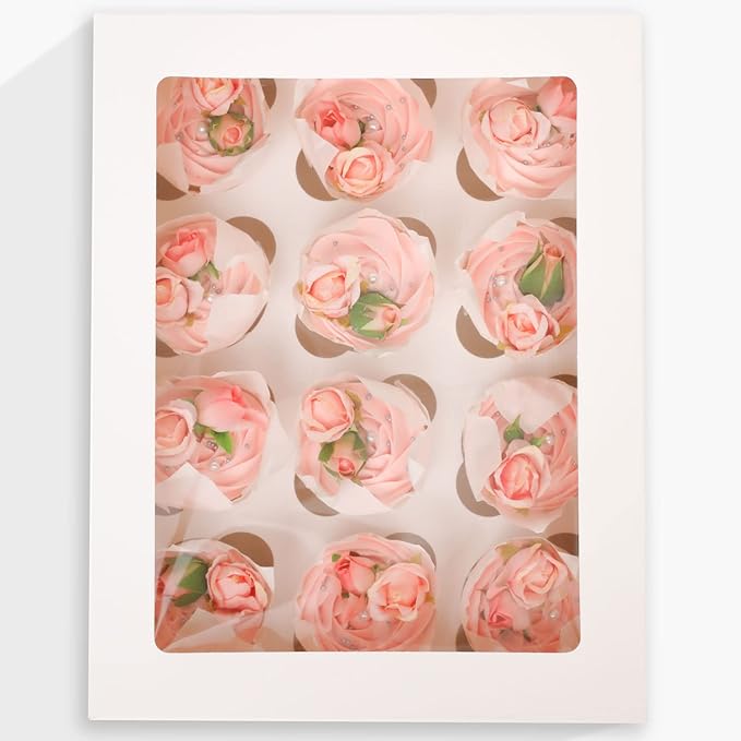 Bakepacker Auto-pop Up Cupcake Boxes with Window White 12PCS 12 Count Cupcake Box 13"x10"x3.5" Cupcakes Carrier, 12 Cupcake Containers with rolls of pink ribbons