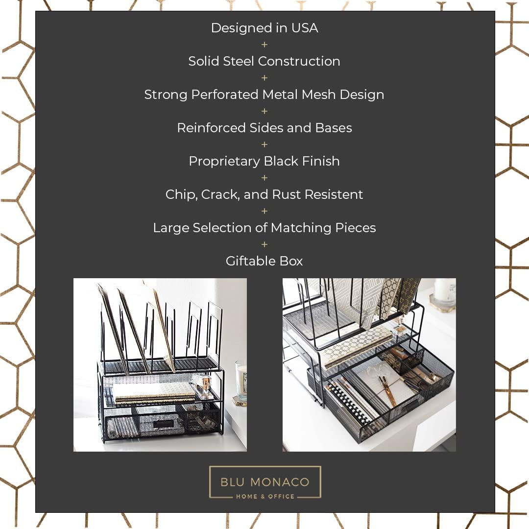 BLU MONACO Black Desk Organizer with File Sorters & Drawer | Metal Mesh Workspace Storage Rack | Desktop Organizer for Office Supplies, Papers & Folders | Multi-Compartment Desk Organization System