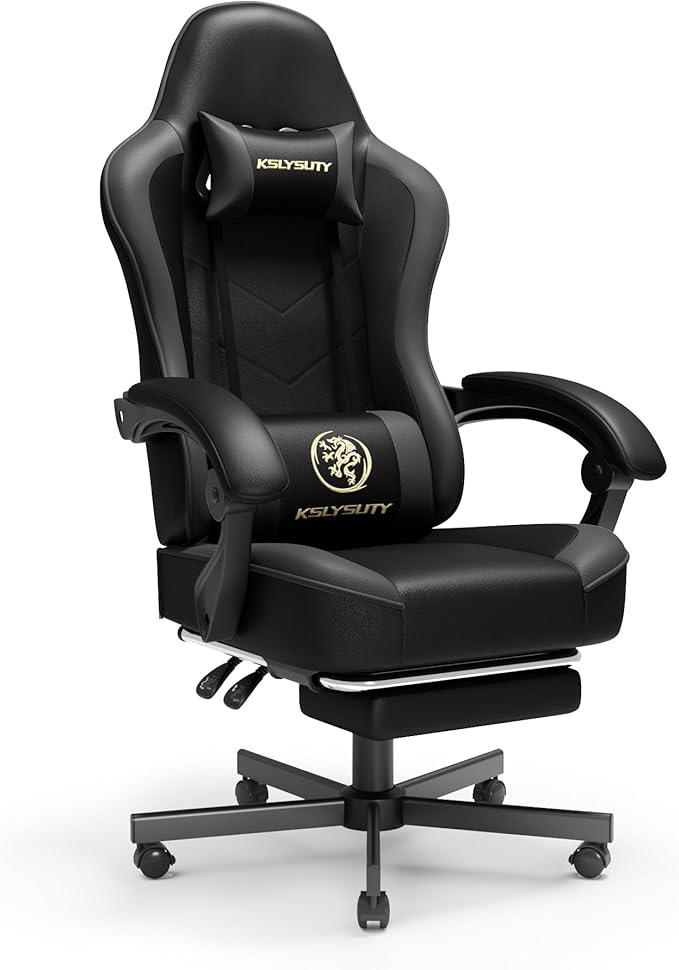 Gaming Chair for Adults with Footrest and Lumbar Support, Height Adjustable Game Chair with 360°-Swivel Seat and Headrest and for Office or Gaming (Black and Grey)