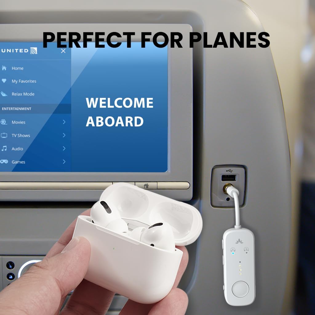 Avantree Relay - Airplane Bluetooth 5.3 Adapter with Qualcomm aptX Adaptive, Supports 2 AirPods or Headphones, 20Hr Playtime, 3.5mm AUX Wireless Audio Transmitter for Travel Flight, Airline, Gym