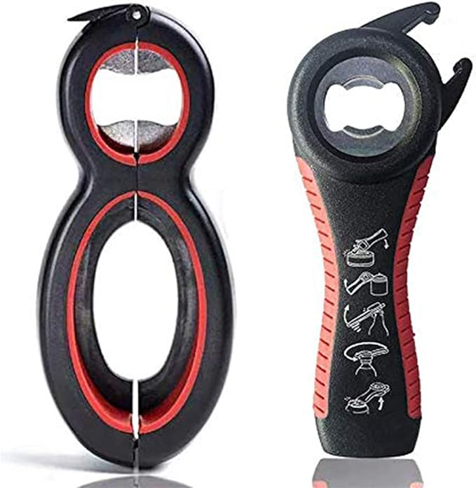 Bottle Opener Set, 5-in-1 and 6-in-1, Can, Soda, and Jar Openers, Twist Off Lid – Jar Opener for Seniors and Arthritic Hands (2pcs) (Black Red)