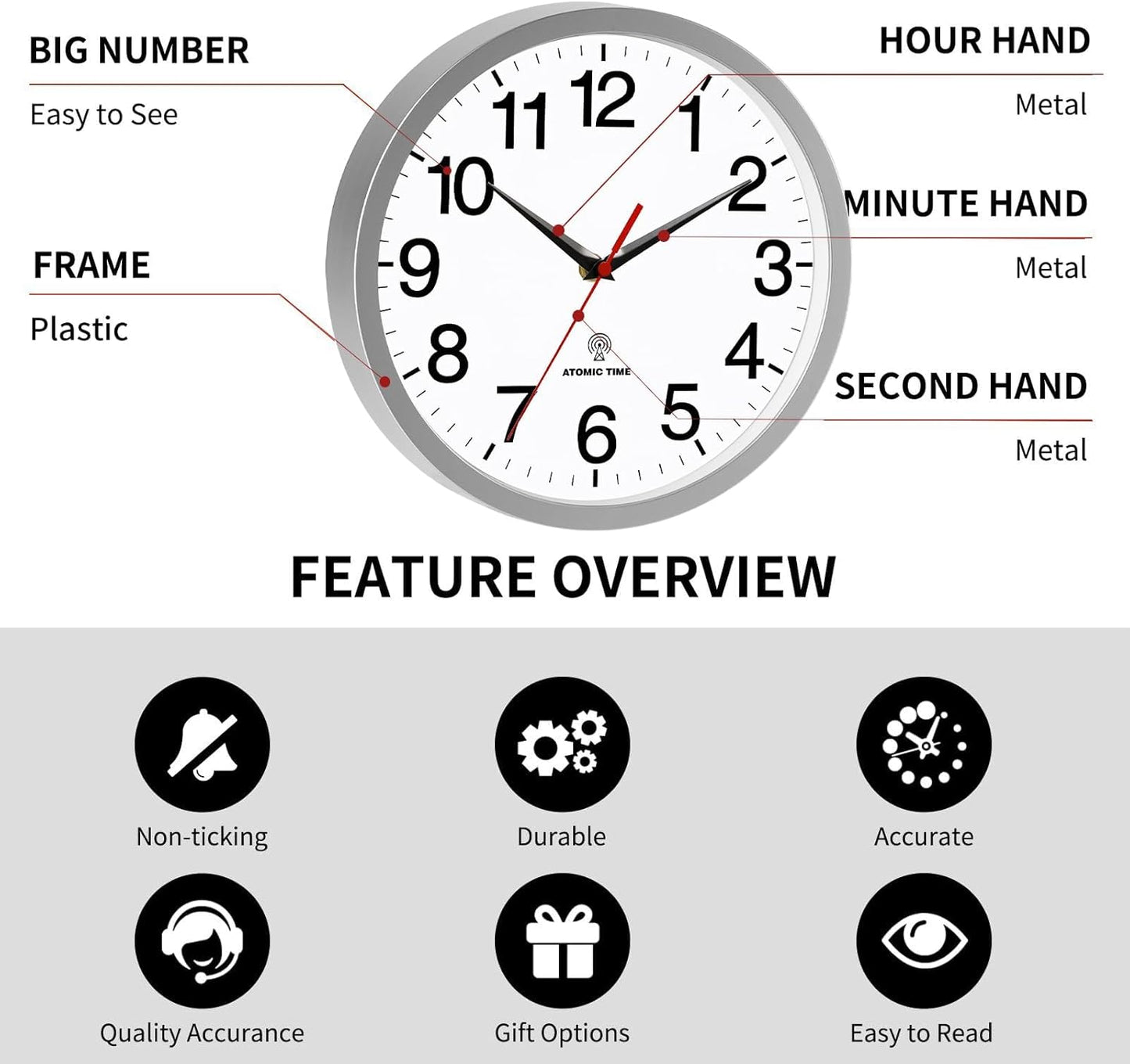 Atomic Wall Clock Modern 10 Inch Battery Operated Silent Non Ticking Analog Clock Decorative for Bedroom Kitchen Bathroom Office Home Living Room (Silver)
