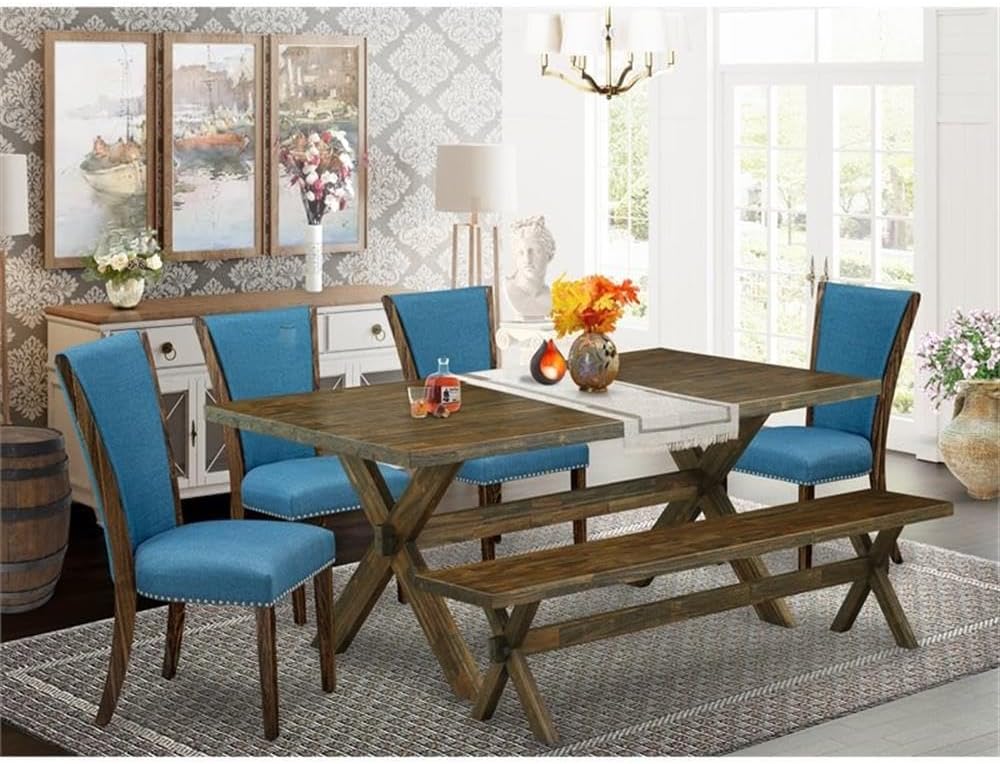 East West Furniture X777VE721-6 6 Piece Dining Set Contains a Rectangle Dining Room Table with X-Legs and 4 Blue Color Linen Fabric Parson Chairs with a Bench, 40x72 Inch, Multi-Color