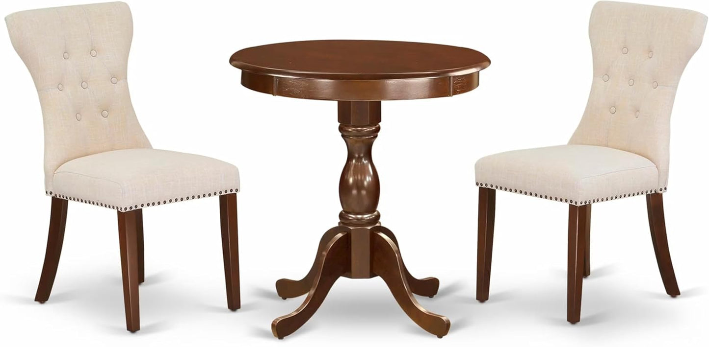 East West Furniture ESGA3-MAH-32 3 Piece Dining Table Set for Small Spaces Contains a Round Wooden Table with Pedestal and 2 Light Beige Linen Fabric Parson Chairs, 30x30 Inch, Mahogany