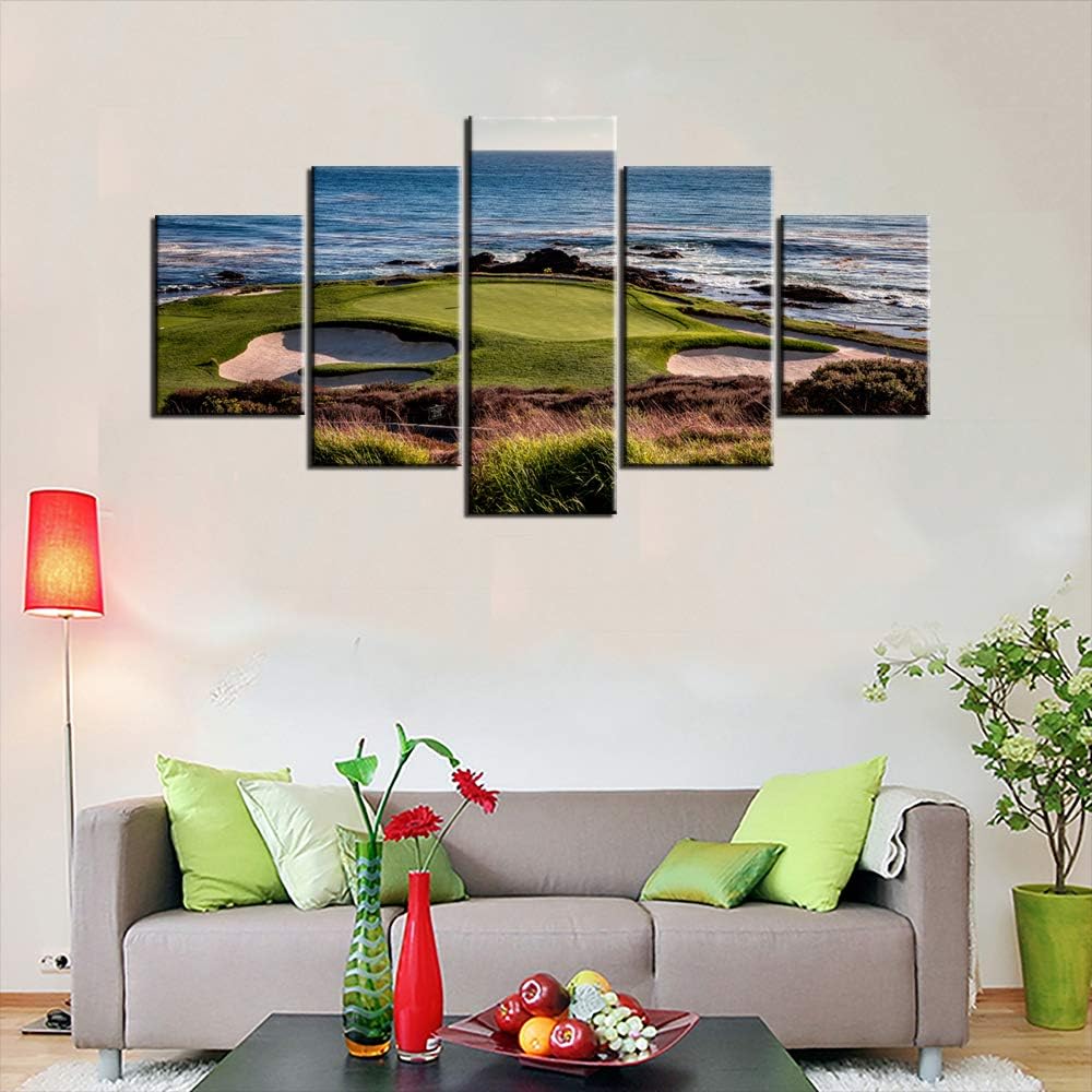Pebble Beach Pictures for Living Room Golf Course Paintings Golfing Sports Wall Art 5 Pieces Prints on Canvas Seascape Artwork Country Home Decorations Framed Giclee Ready to Hang Gift(60''W x 32''H)