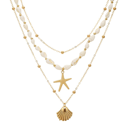 Seashell Starfish Necklace for Women Summer Pearl Beach Conch Shell 14k Gold Layered Dainty Choker