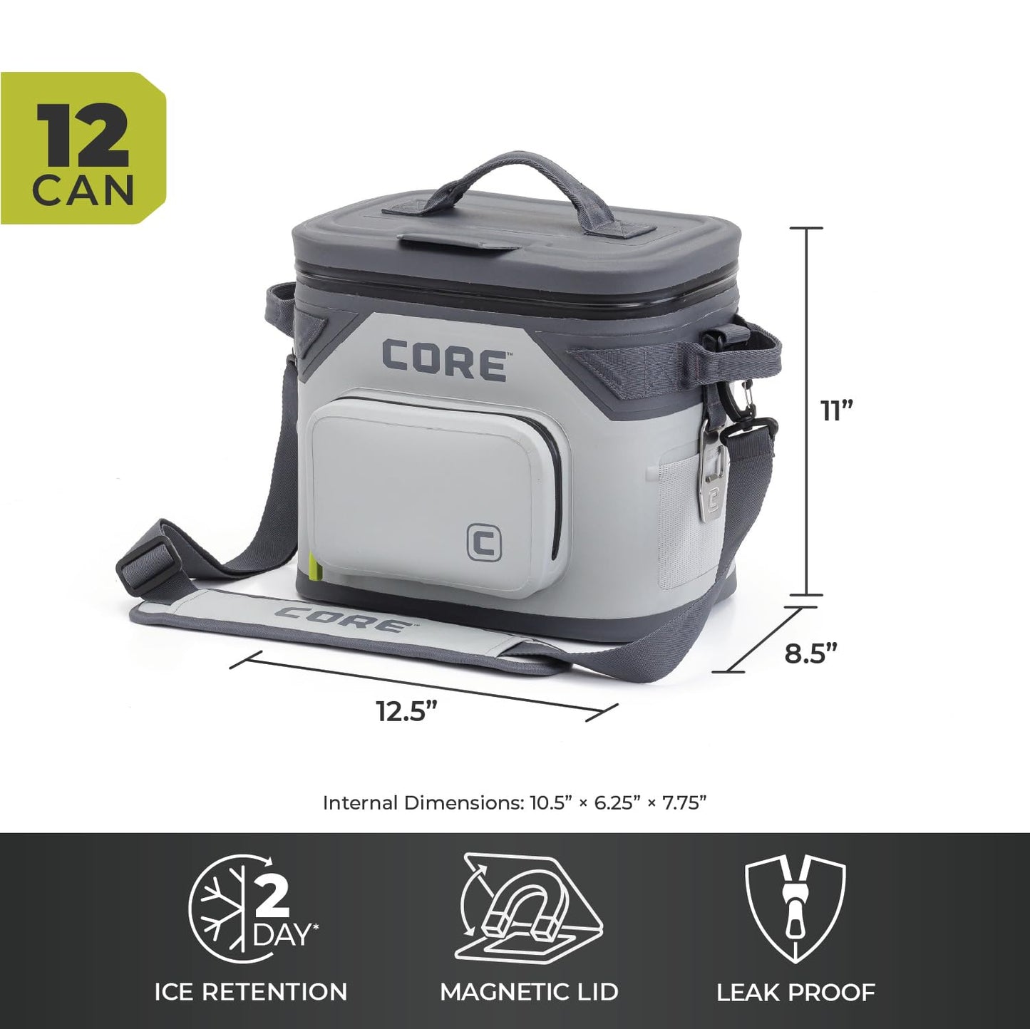 CORE Magnetic Leak Proof 12 Can Soft Cooler with Waterproof Zipper | Insulated Bag Portable Ice Chest Box | Best Soft Cooler for Food & Beverages for Tailgating, Car Camping, and Family Beach Picnics