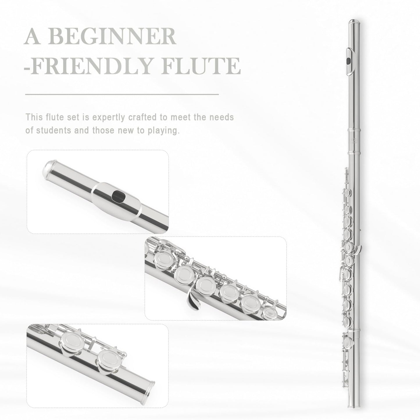 Sonicake Closed Hole 16 Keys Flute, Silver-Plated C Flutes For Beginner Student, Flute Instrument With Cleaning Kit, Carrying Ca