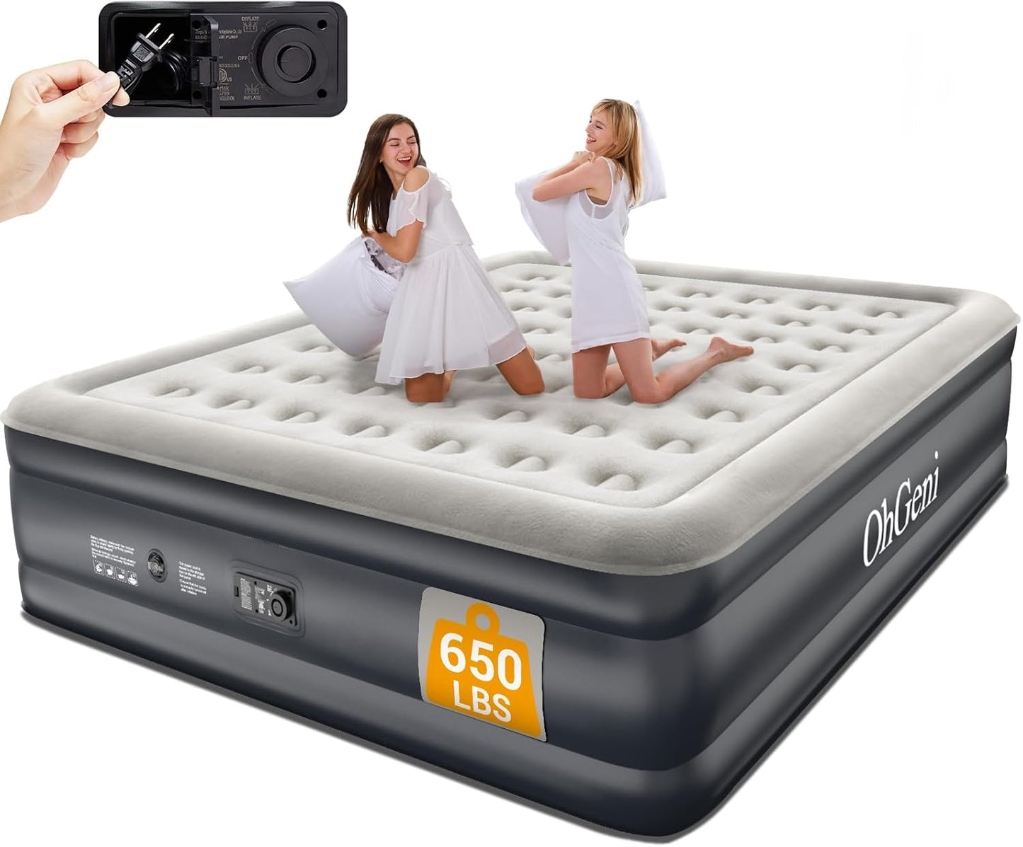 OhGeni Cal King Air Mattress with Built-in Pump, 18" Tall Inflatable Blow Up Air Bed with Carrying Bag for Camping, Guest. Raised Elevated High Airbed, Foldable & Portable Colchon inflables, Black