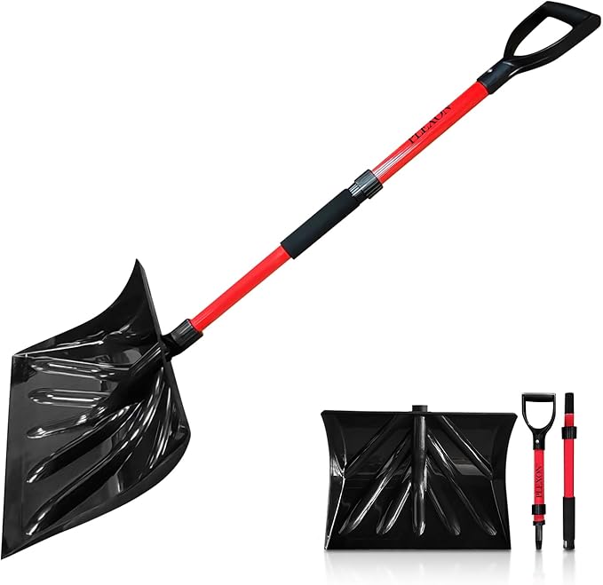 PLEXON Plastic Snow Shovel for Driveway Car Deck, Lightweight Heavy Duty Folding Collapsible Snow Pusher for Snow Removal, Home Garage, 47" Ergonomic Foldable, D-Grip Handle