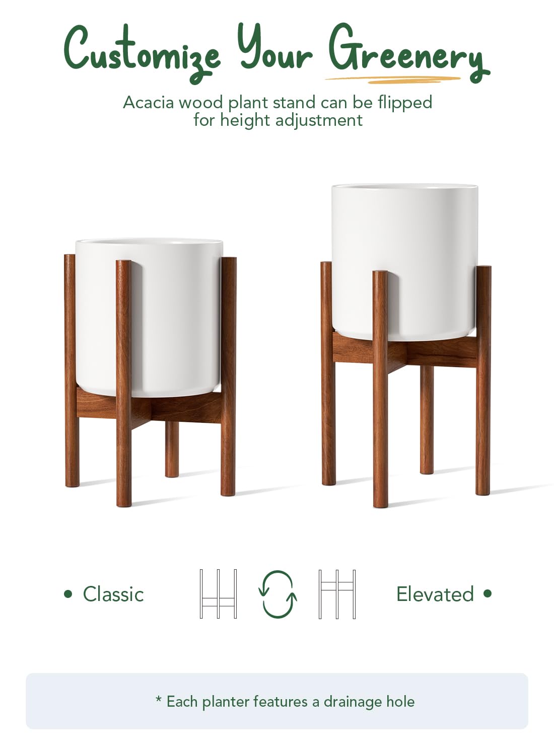 LE TAUCI 10 Inch Planter with Acacia Wood Stand, Ceramic Planter for Indoor Plants with Plant Holder, Mid-Century Modern Home Decor, Round Flower Pots with Drainage Hole, White