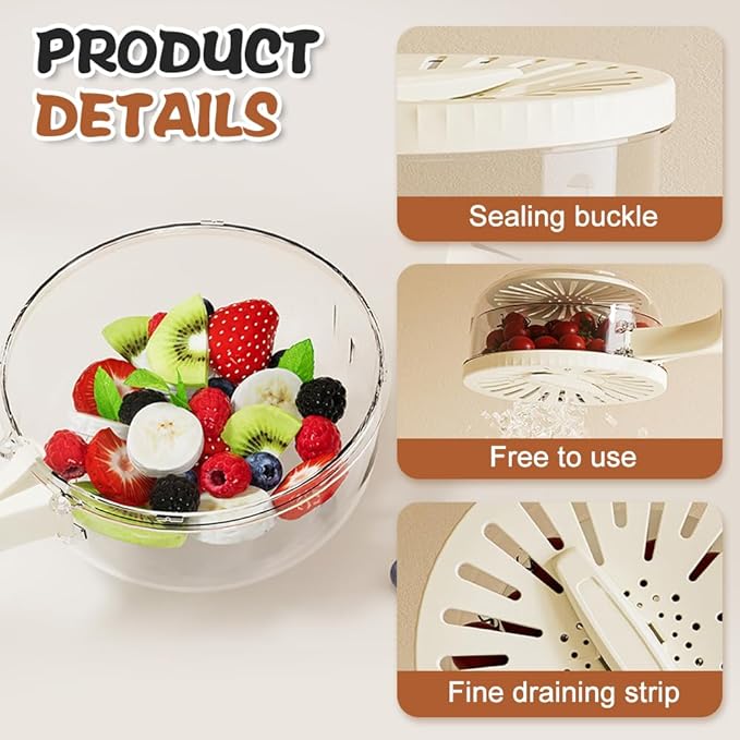 Multi-Functional Fruit and Vegetable Washing Bowl, Fruit Strainer Container with Lid, 2 In 1 Sealed Drainer Basket, Drainer and Freshness Basket, Kitchen Tool with Foldable Handle (White 2pcs)
