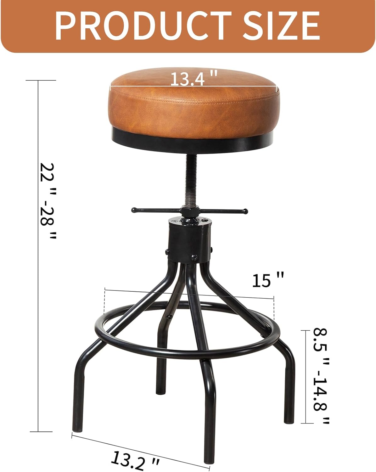 Industrial Bar Stools Set of 2 Adjustable Swivel Round Barstools Modern PU Leather 28inch Backless Counter Height Stool Metal Bar Chair for Kitchen Island (2, Brown)