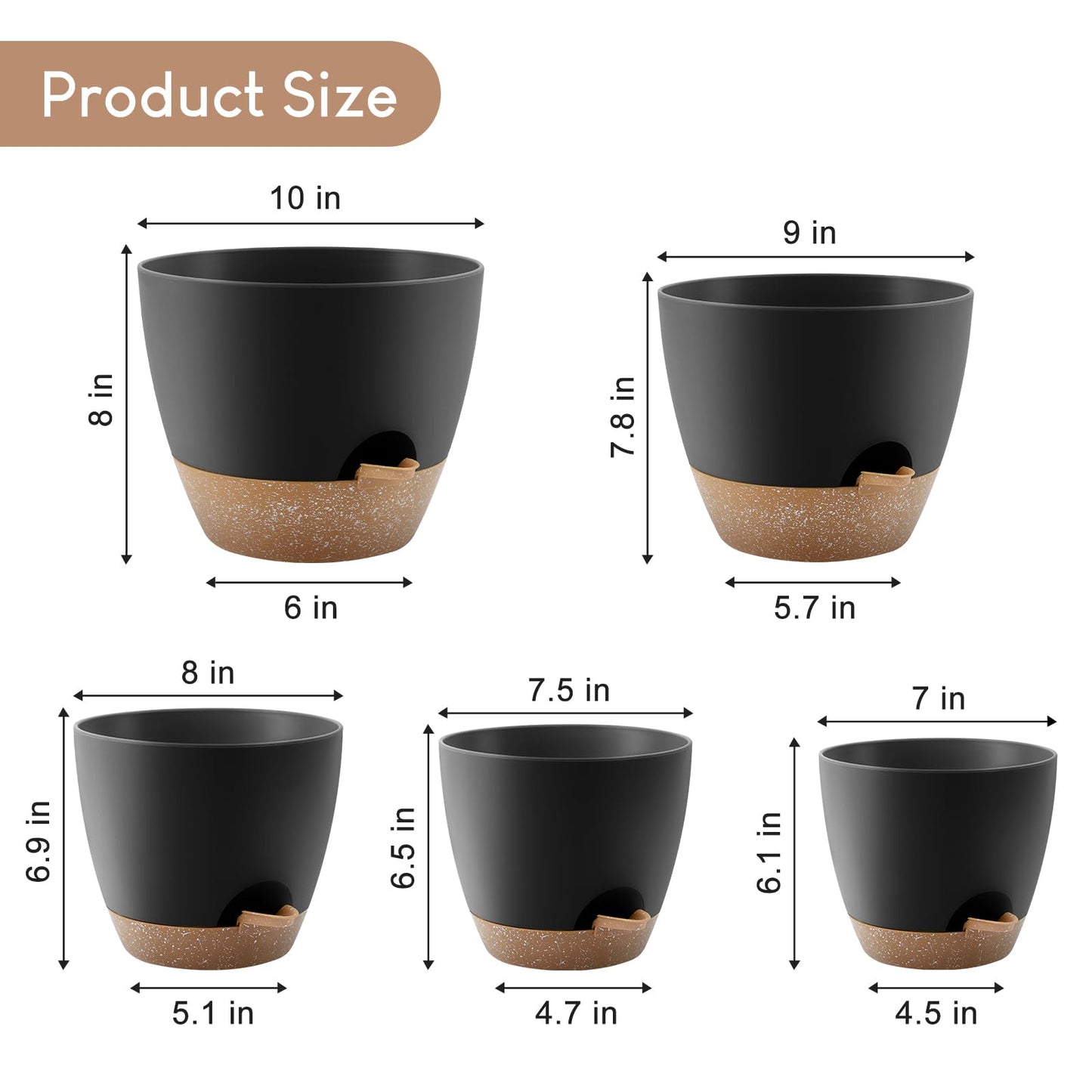 YNNICO Plant Pots 10/9/8/7.5/7 inch, Self Watering Planters with Drainage Holes & Saucers for Indoor and Outdoor Plants (Black)
