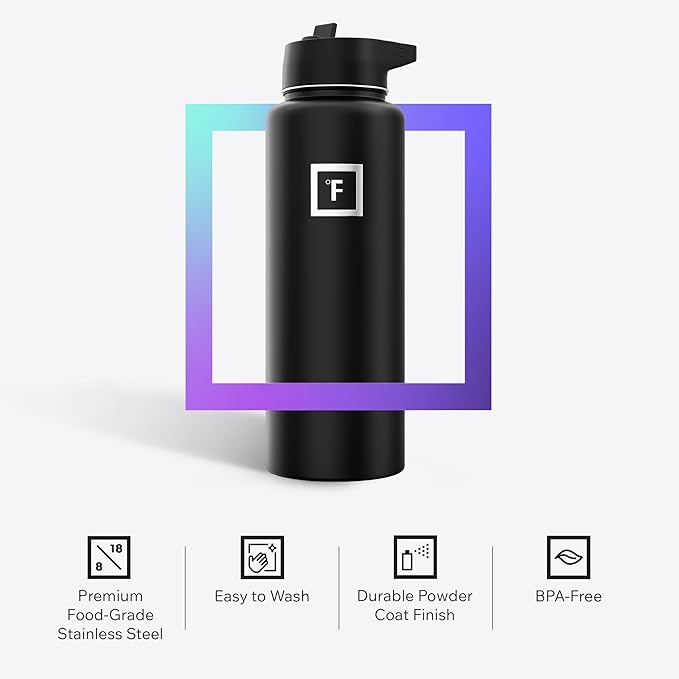 IRON °FLASK Camping & Hiking Hydration Flask with Straw, Wide Mouth Insulated Stainless Steel Sports Water Bottle - 40 oz Cobalt